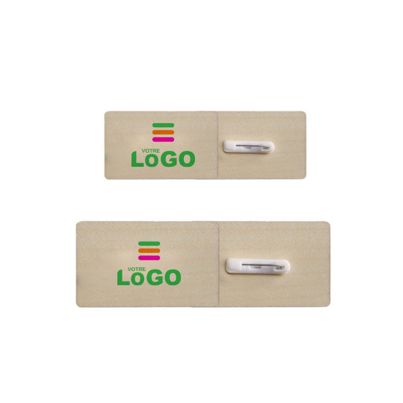 Badge rectangle épingle en bois - 2 tailles - personnalisable en France Badge rectangle épingle en bois - 2 tailles - personnalisable en France