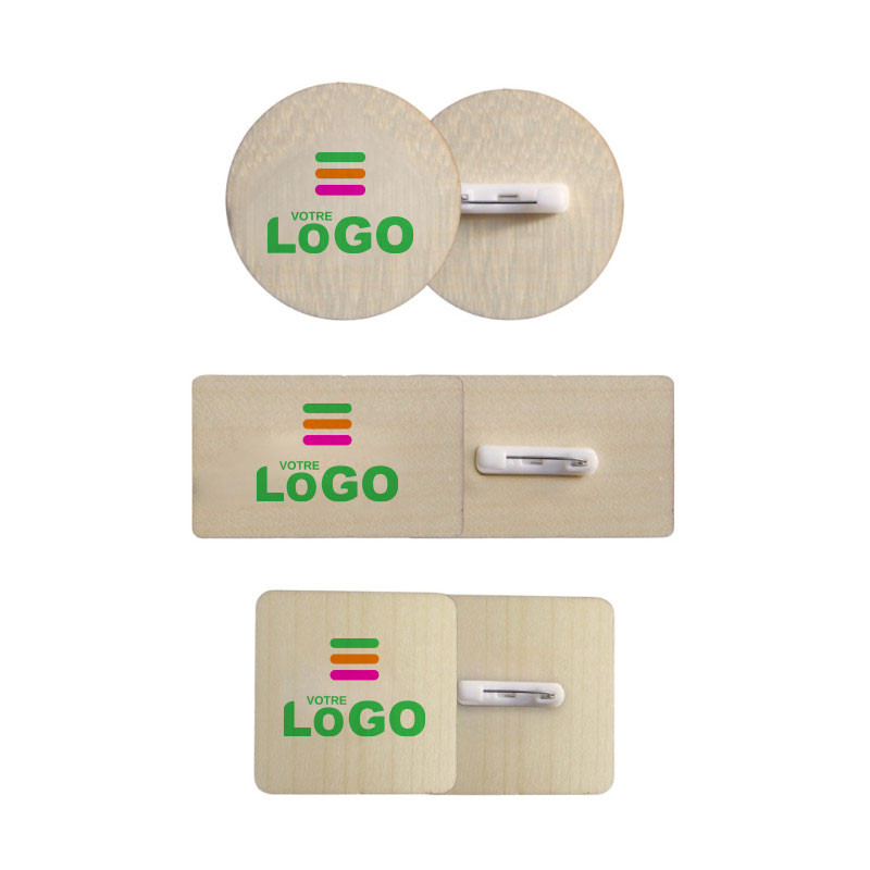 Badge publicitaire rectangle à épingle en bois